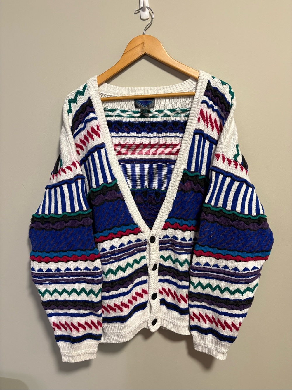 Etchings Vintage 3D Coogi Style Geometric Knit Cardigan Multicolor Sweater